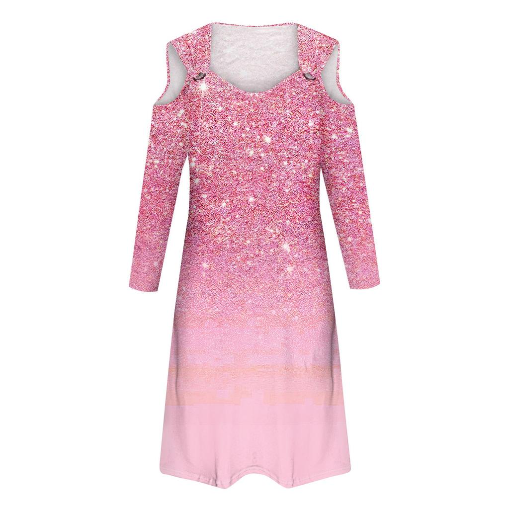 Women's And Winter Casual Fashion V-neck Long Sleeve Print Long Dress With Pocket