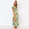 Women Evening Dress Bubble Sleeves Low-cut Off Shoulder Colorful Print A-line Big Hem Patchwork Hollow Out Pleated Vacation Beac