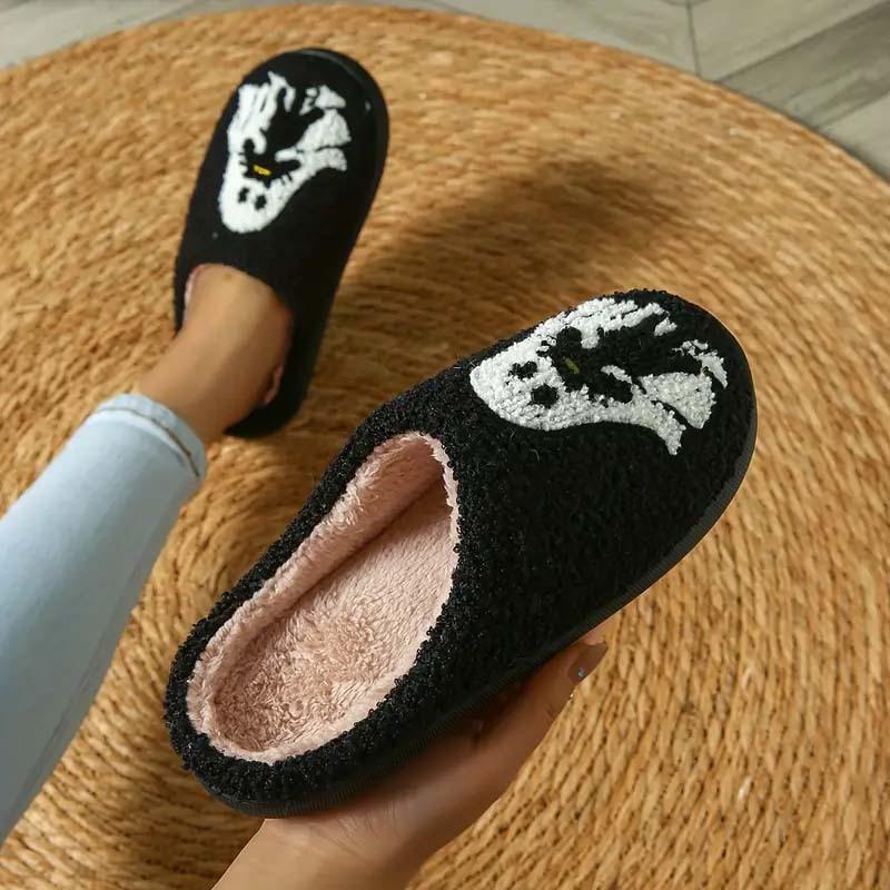 Fashion Women Black Cat Slippers Men Cartoon Home Black Dog Floor Sandals Couples Indoor Slippers Adults Warm Non-slip Shoes Halloween