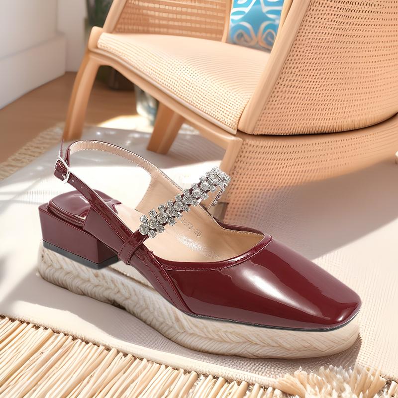 Qiangshengda 2025 square head microfiber leather rhinestone rear empty thick heel sandals women Mary Jane low heel comfortable