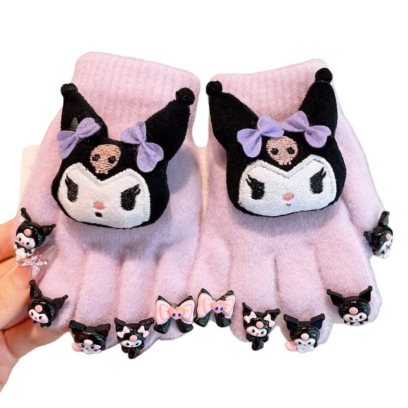 Girls' Kuromi Fleece-Lined Fingerless Gloves - Warm, Cold-Proof, Autumn/Winter Children's Accessories