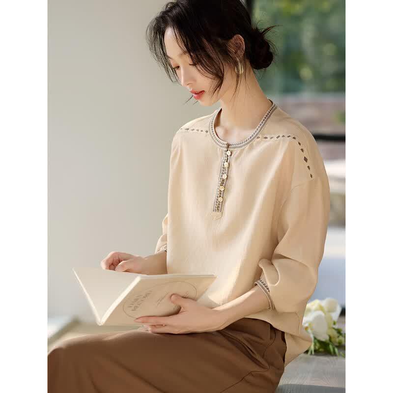 XWI Women s Elegant Faux Embroidery Cotton Linen Shirt M