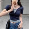 Fake two-piece V-neck right-shoulder short-sleeved T-shirt spring and summer new style stitching contrasting color inner wear tight hot girl short top