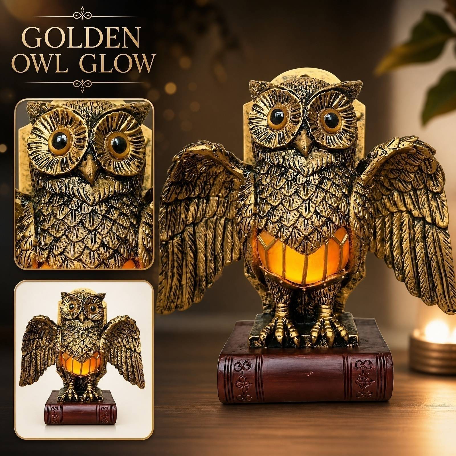 Decorative Owl Night Light Figurine on Book Base Resin Sculpture with Detailed Feathers and Wings for Home Office Desk Accent One Size