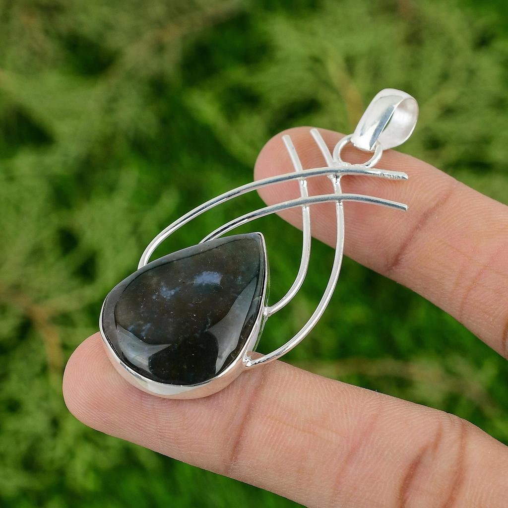 Sisters Day Deal 925 Sterling Silver Pear Solar Moss Agate Gemstone Boho Pendant