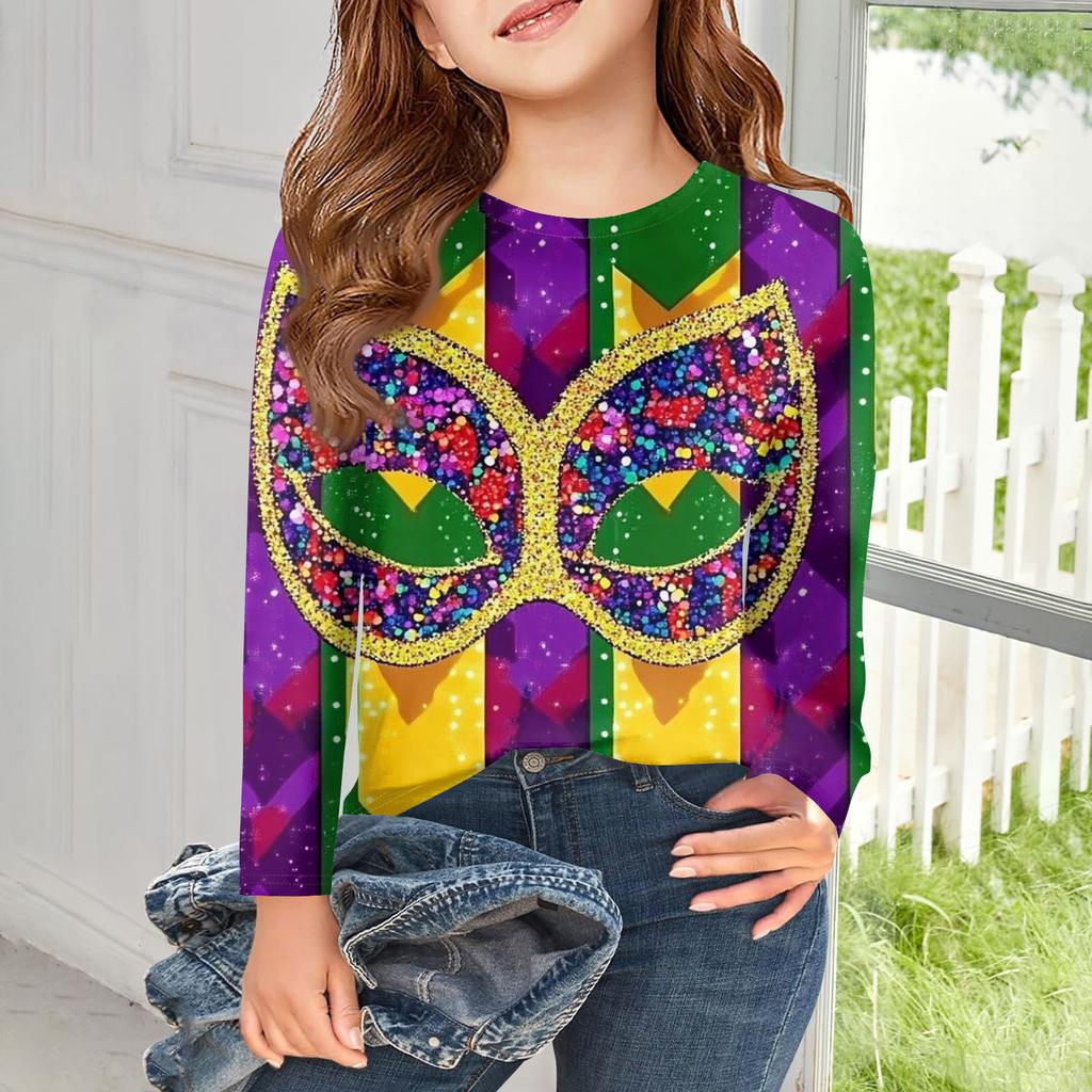 Dziewczęce koszulki z długim rękawem Dziecięce jesienne topy Okrągły dekolt Drukowane Podstawowe T-shirty