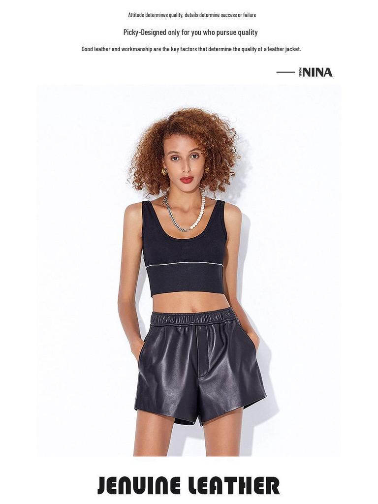 Women's 2025 New High-Waist Sheepskin Leather Shorts: Slim, All-Match, Wide-Leg Trend