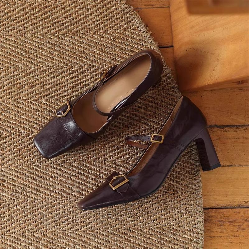 

Fashion Metal Buckle Decoration Mary Jane Shoes Women Comfortable Leather High Heels Elegant Chunky Heel Women Pumps Zapatos De Mujer 35 коричневый