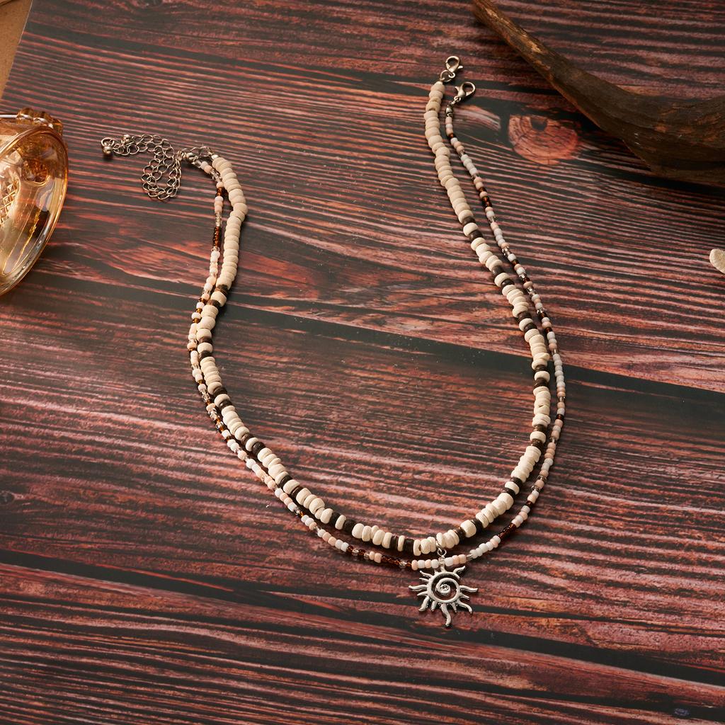Vintage Boho Coconut Wood Beads Necklace for Women 2pcs Ethnic Style Sun Pendant Rice Beads Necklace Beach Party Jewelry Gifts