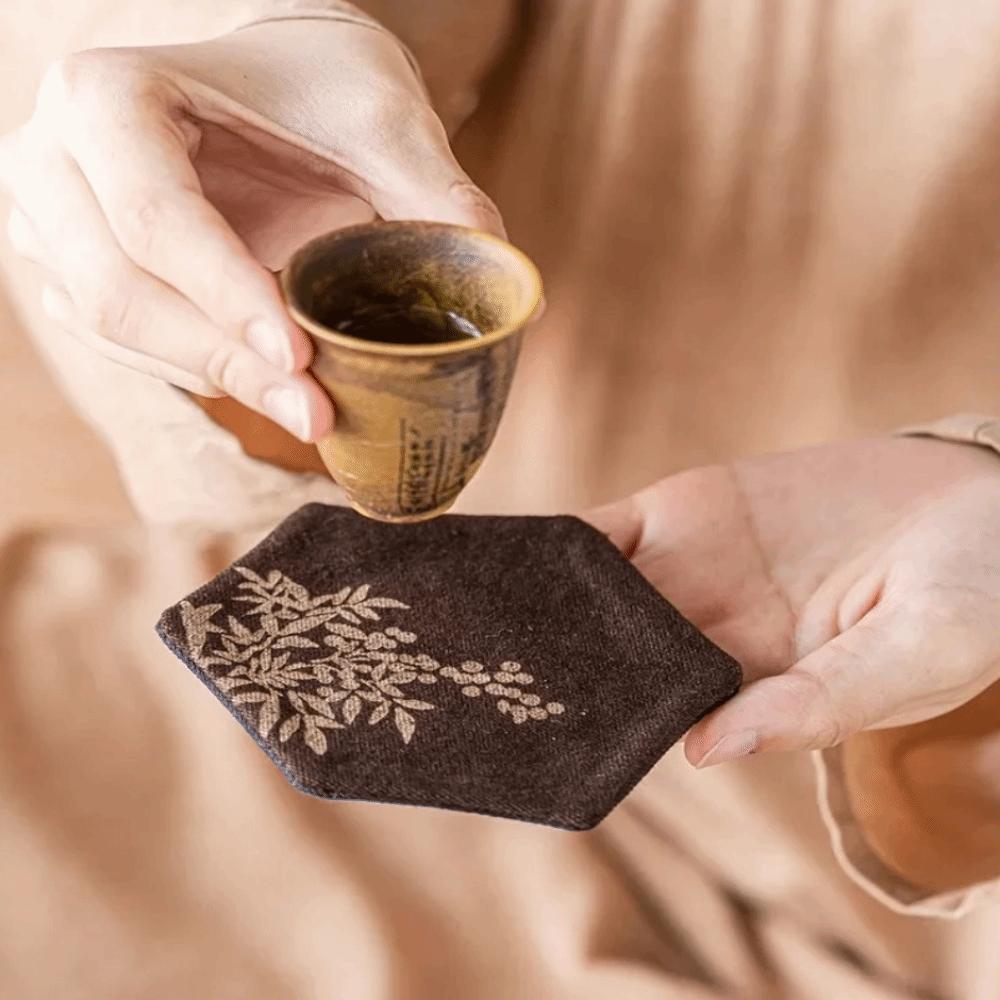 Tie-Dye Fabric Chinese Vintage Tea Cup Coaster Hexagonal Heat-Resistant Tea Cup Insulated Mat Anti-Scalding Non-slip