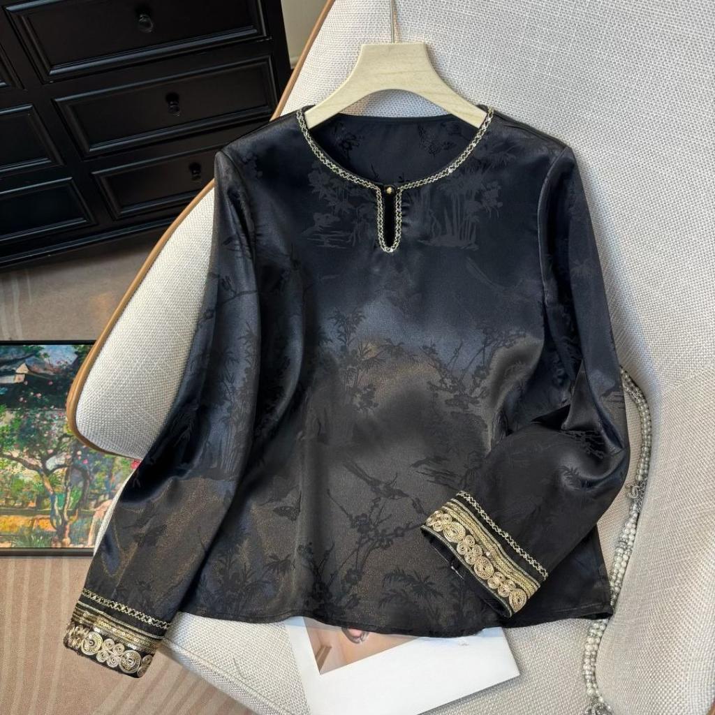 Women's Long-Sleeve Embroidered Round-Neck Blouse Spring Designer Pullover Blouse