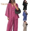 Conjunto holgado de dos piezas para mujer Camisas de manga larga con cuello en V y un botón Conjunto de pantalones de cintura alta Conjunto casual para estar en casa