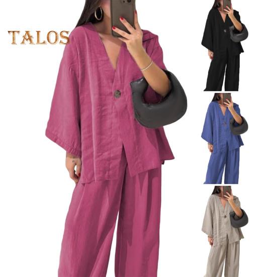 Conjunto holgado de dos piezas para mujer Camisas de manga larga con cuello en V y un botón Conjunto de pantalones de cintura alta Conjunto casual para estar en casa
