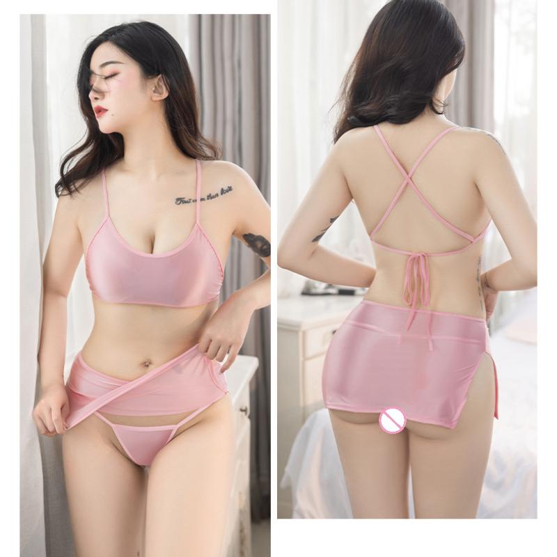 Lingerie Suit Women Sexy Shiny Glossy Top High Forked Mini Skirts Suit See-Through Underwear Night Club Fantasy Erotic Wear