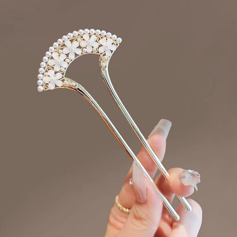 U Shaped Hairpin Vintage Bowknot Butterfly Flower Pearl Tassel Hair Stick Updo Meatball Head Hairpin Girls Daily Hair Accessory серебряный