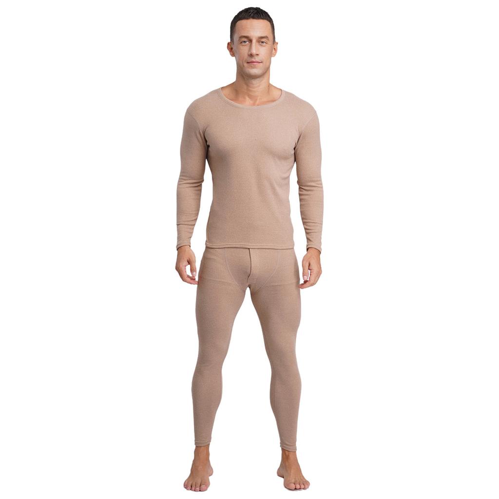 Mens Long Sleeve Round Neck Thermal Underwear Warm Base Layer Soft Breathable Tops Bottom Set Winter Cold Weather Wear