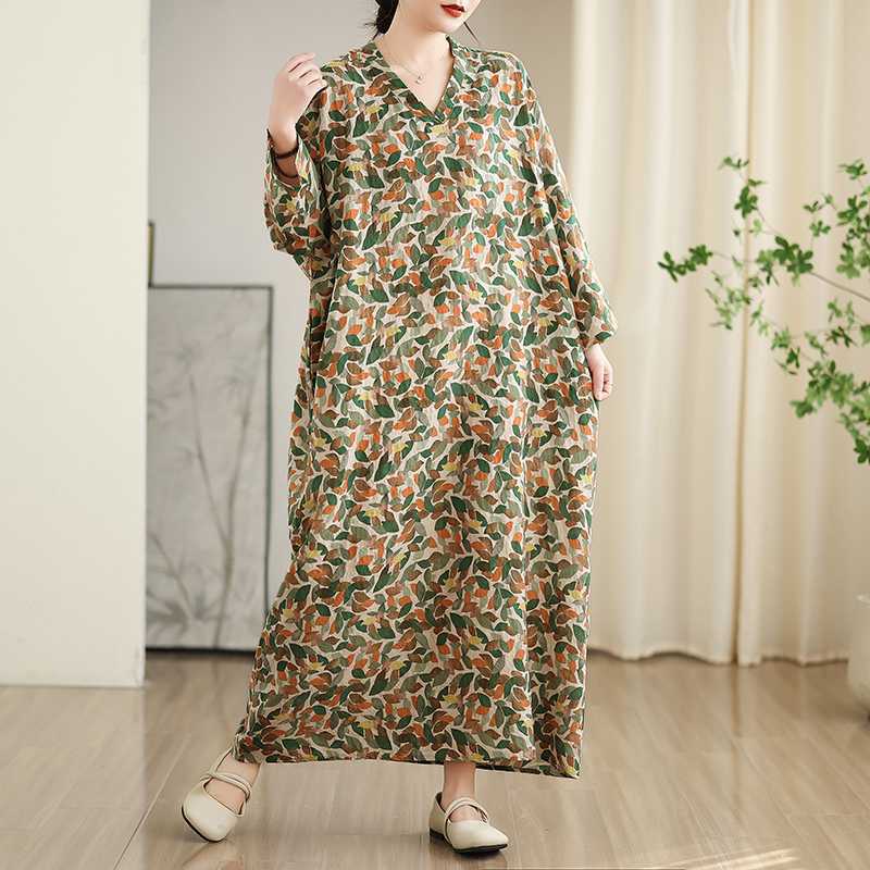 New Color V-neck Retro Long Skirt Cotton Linen Dress
