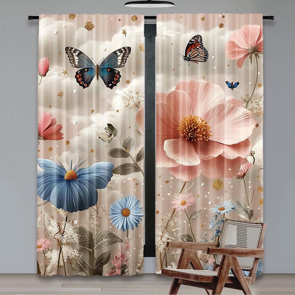 2Pcs Floral Curtain Spring Flowery Efflorescent Garden With Petals And Butterflies For Living Room Bedroom And Dining Room