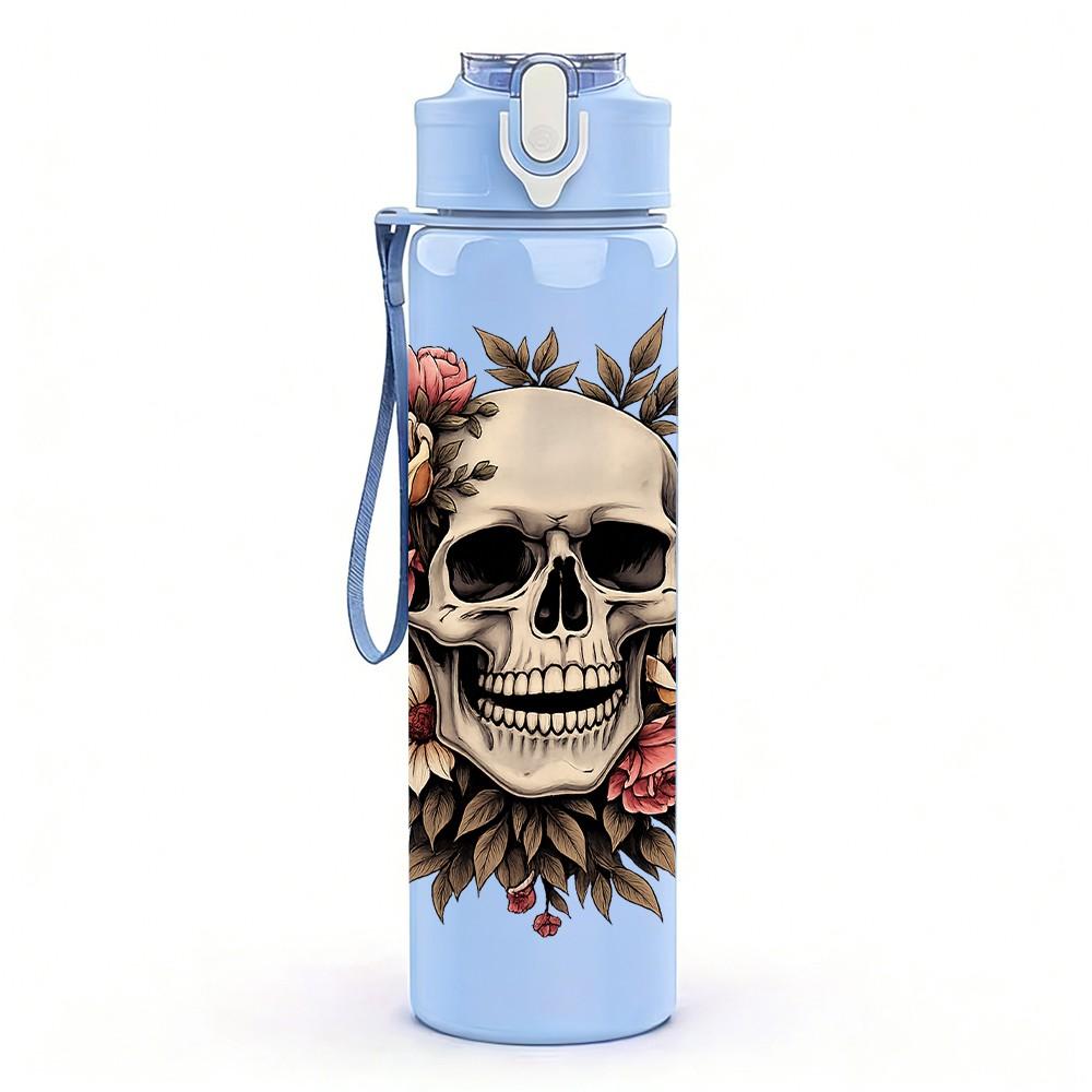 1PC Wreath Skull Flower 750ml Color Plastic Sports Water Bottle Leakproof Flip Straw Lid Suitable for Sports Office Home Use