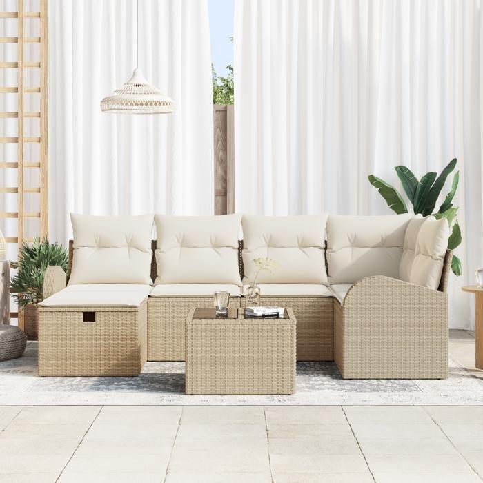 Ensemble de canapé de jardin 7 pièces avec coussins Beige Poly Rattan, Canapé de jardin 2 places avec rangement et coussins 3360422