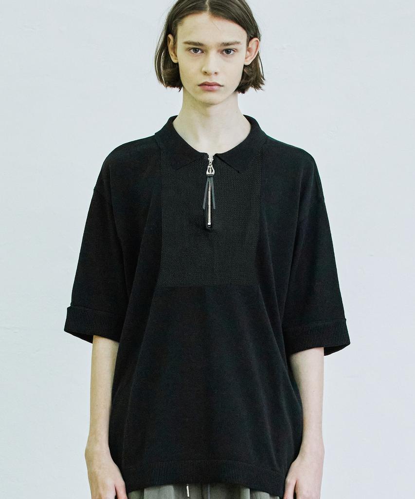 SSY Square Chest Zipper-Up Polo Short Sleeve Knit Black