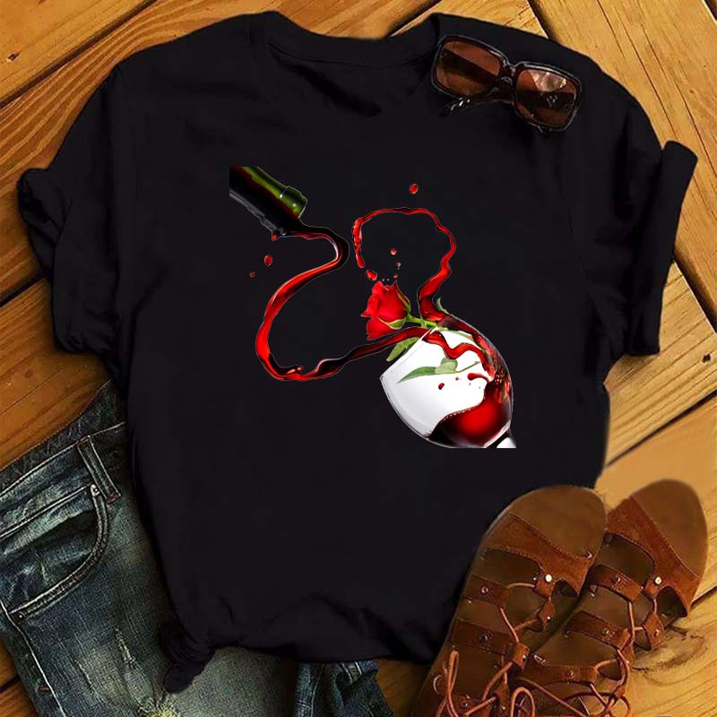 New Women T-Shirt Casual Short Sleeve T Shirt Women's Fashion Rose Red Wine Glass Printed Black T-Shirt Female Tops Tees