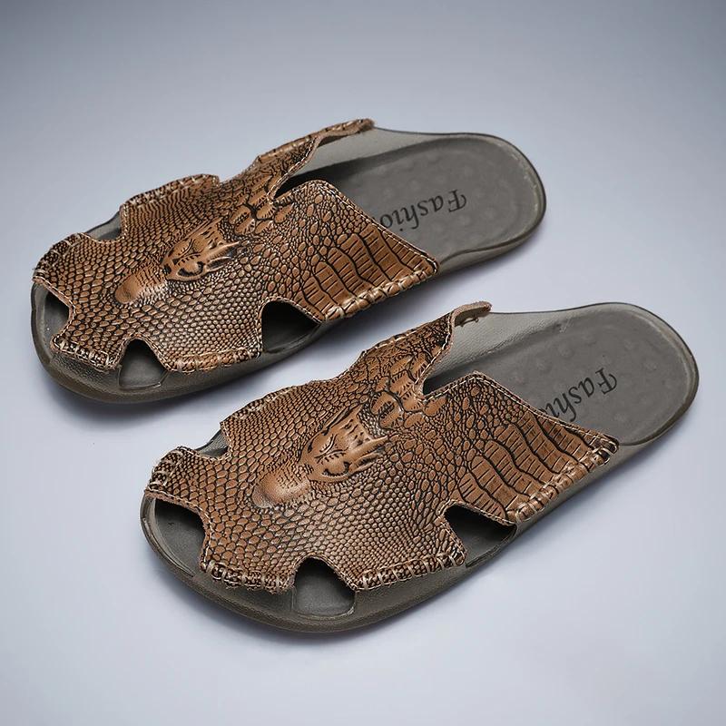 Fashion Crocodile Pattern Men's Summer Flats Breathable Sandals Male Leather Slippers Comfortable Slip-on Half Shoes Cool Casual Slides