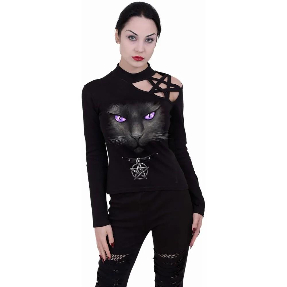 Spiral Direct Womens/Ladies Black Cat Pentagram Shoulder Long-Sleeved Top