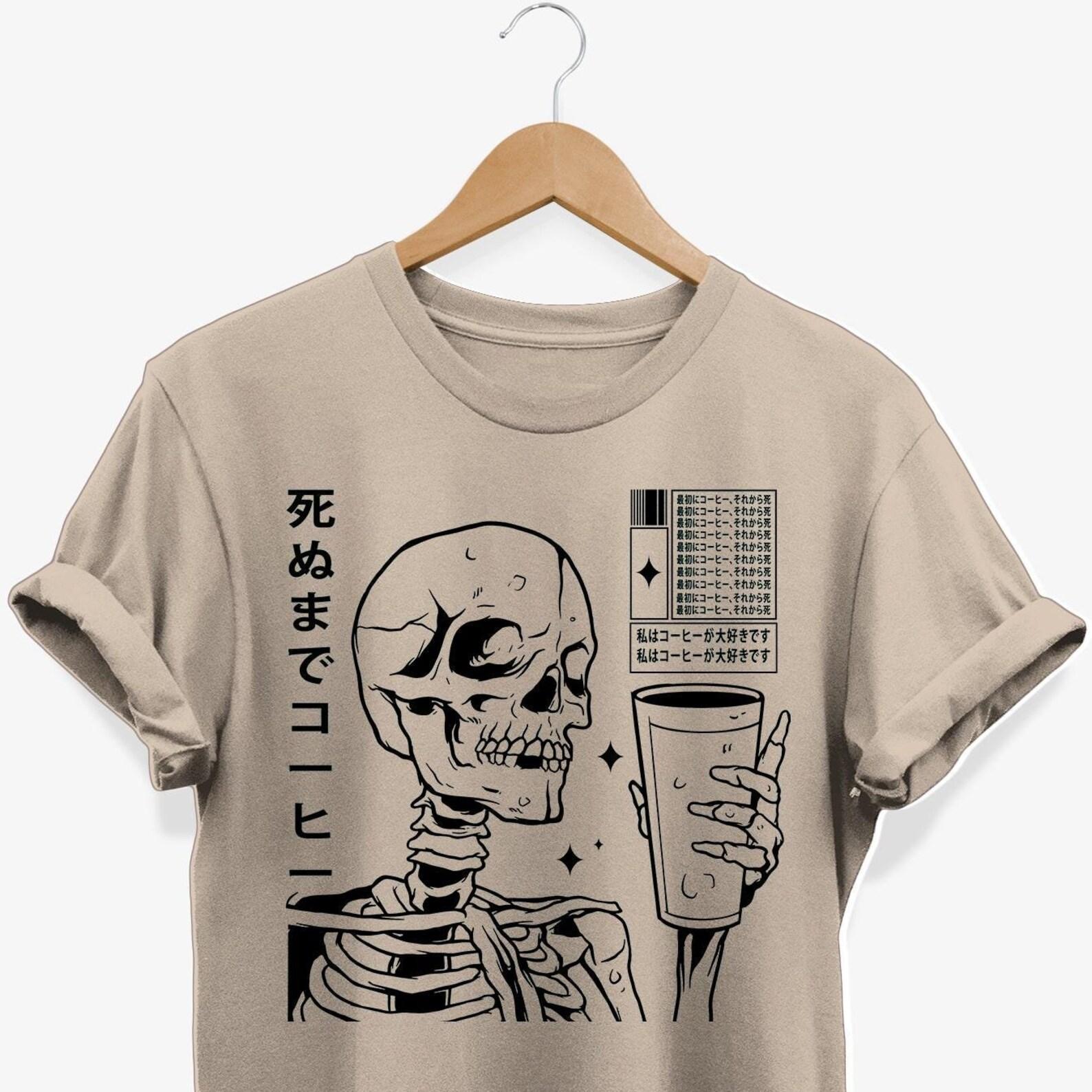 Japanese Skeleton Coffee T-shirt: Gothic Anime Caffeine Fan Tee 4XL
