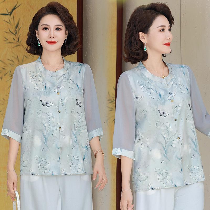 2026 Summer Collection: Mid-Aged Women's Chinese Style Chiffon Blouse - Short-Sleeved, Thin, Elegant Top.