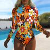 Women Long Sleeve One Piece Swimsuit Zip Front Rose Print Rash Guard Surfing Bathing Suit