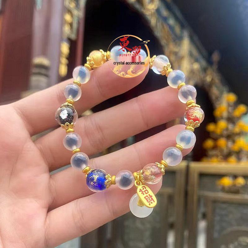 Peaceful Blessing Bracelet: White Half Sugar Heart Agate & Lucky Bead with Gold Foil Incense Ash Glaze Wutai Hand String.