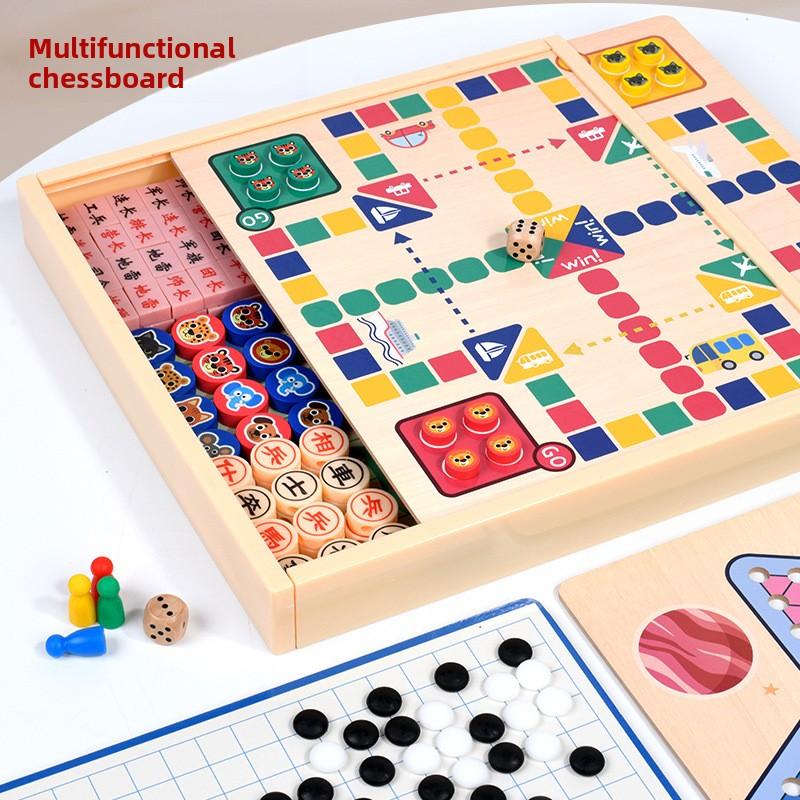 Multi-in-1 Wooden Board Game Set | Ludo, Gomoku, Chinese Checkers | Parent-Child Interactive Toy | Educational Brain Teaser