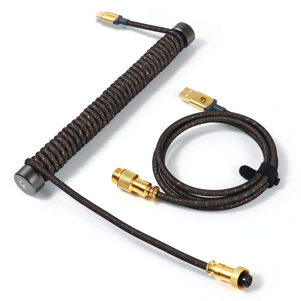 Mambasnake C03 Keyboard Coil Cable Combination Braided Double Sleeve with Weight Bar Shiny Silver Yarn Braid Gaming Cable Metal Aviation Connector