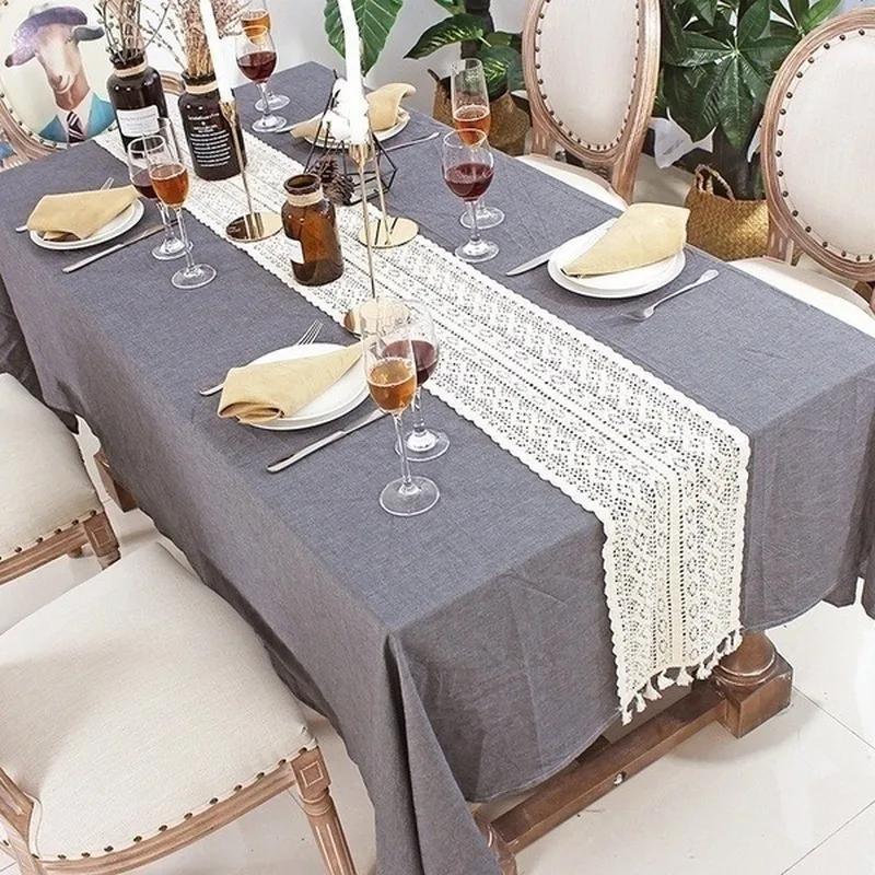 Nordic Crochet Lace Table Runner With Tassel Hollow Tablecloth Romance Wedding Party Table Protector Cover Table Cloth