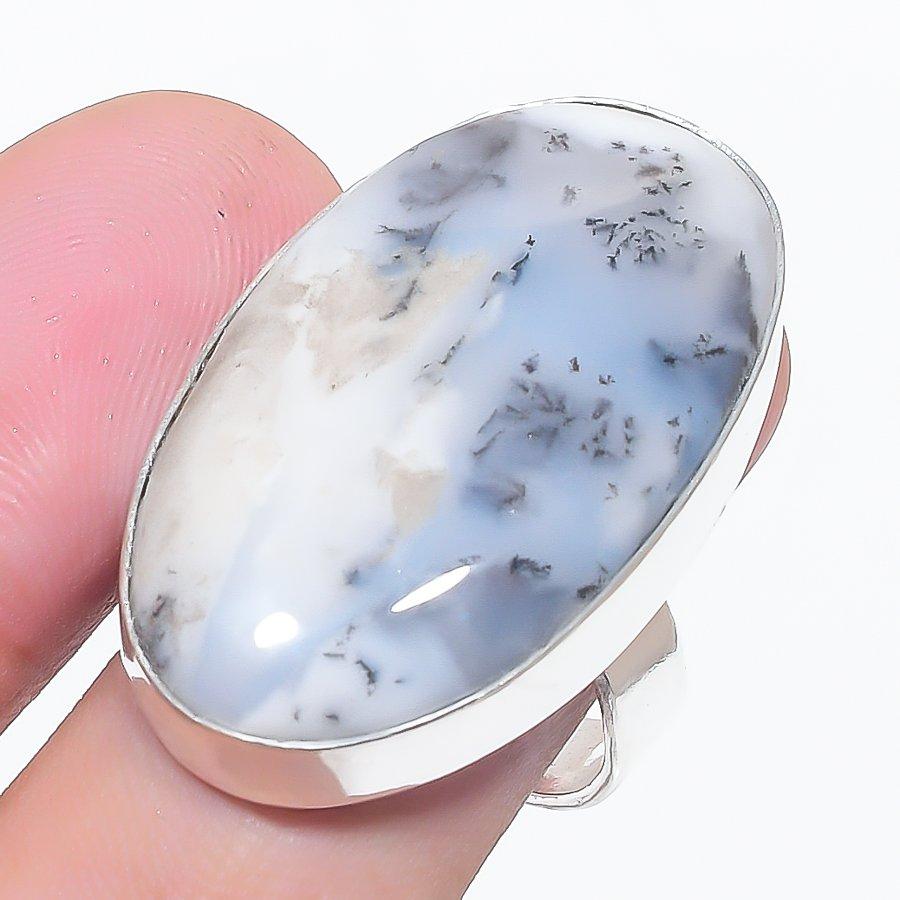 Dendrite Opal Gemstone 925 Sterling Sølv Smykker Ring størrelse 9,5