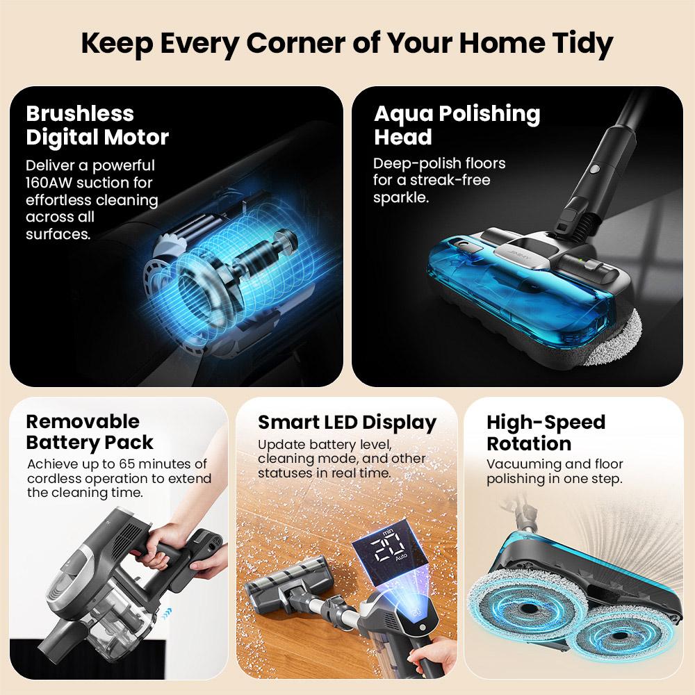 JIMMY JV9 Pro Aqua Cordless Vacuum - 160AW Suction 45Min Runtime HEPA Filter Wet Mopping 4 Modes LED Display