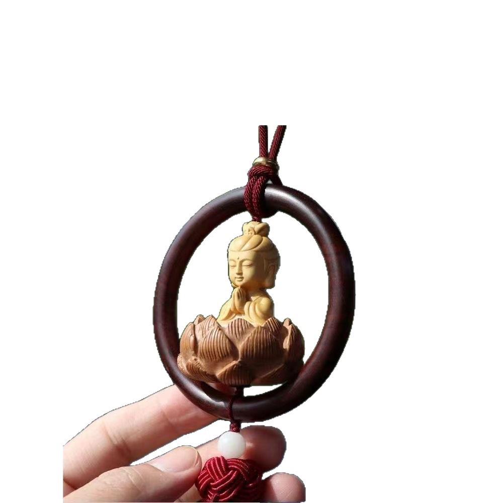 Peach Wood Lotus Guanyin Car Pendant: Zodiac Blessing Ornament