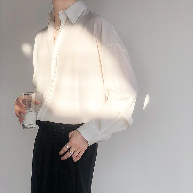 Retro Drapierung Grün & Weiß Eisseide Langarmhemd - Unisex, Koreanischer Stil, Lockere Passform