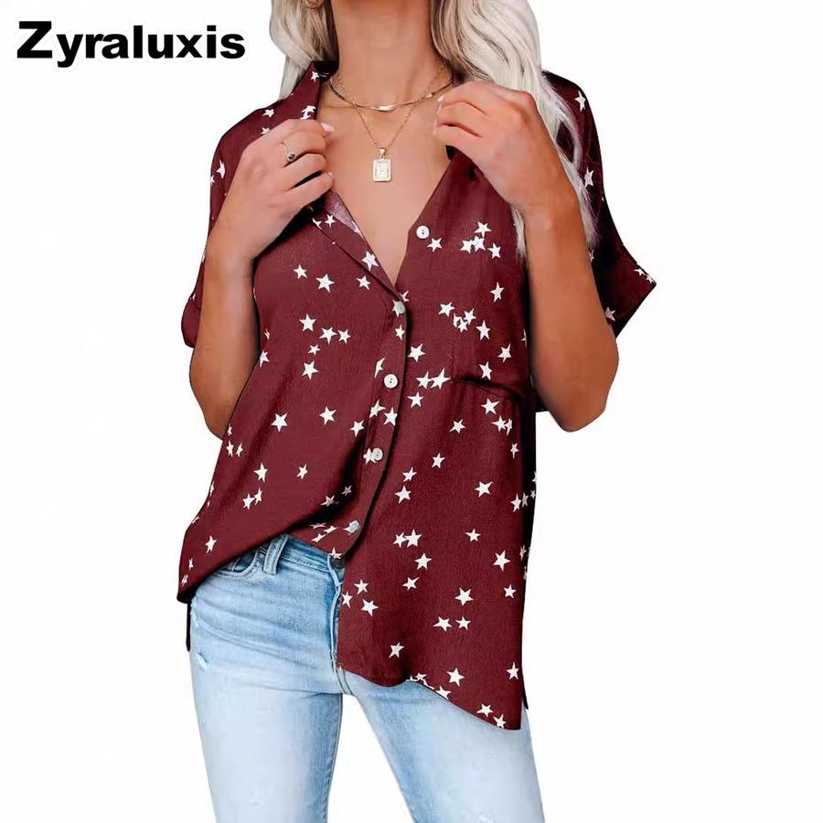 Summer Women's Clothing New Star Printed V-Neck Ruffled Batwing Short Sleeve
