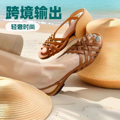 Roman Woven Sandals Women's 2025 Summer Flat-soled Soft-soled French Retro Women's White Brown Low-heeled Hollow Shoes