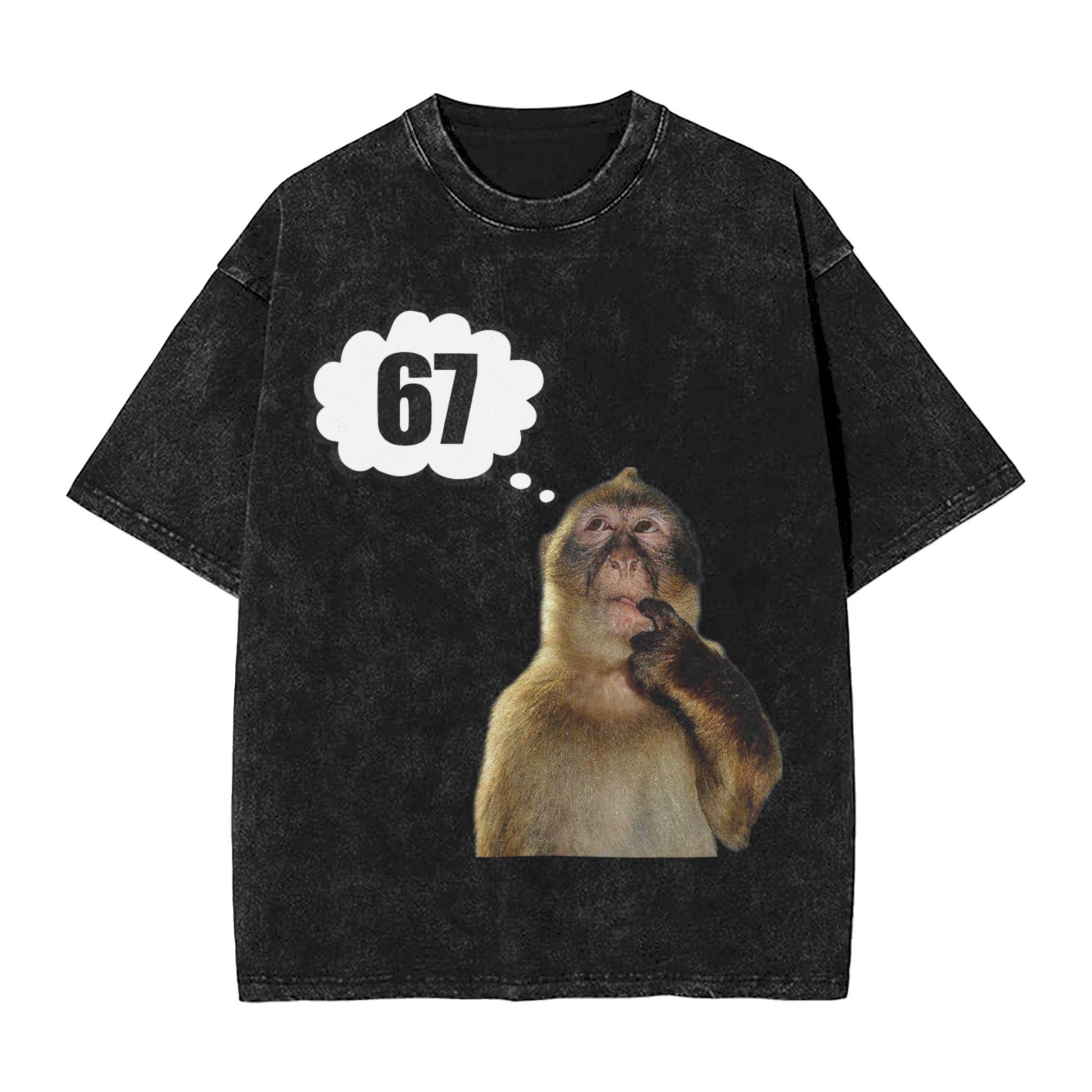 

Harajuku Washed Shirt Thinking Monkey Meme Outfit Casual T Shirt Oversize Streetwear Short Sleeve Graphic Printed Tees S