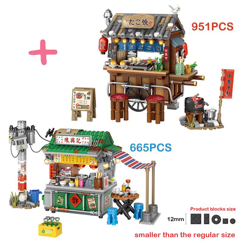 LOZ Mini Japanischer Takoyaki Straßenansicht Bausteine Chinesischer Stil Essensstand Hong Kong Lebensmittelgeschäft Haus Stein Für Kinder Geschenke