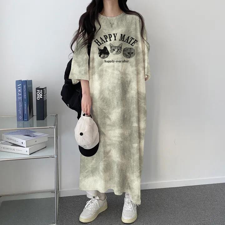 

Женское платье-футболка в европейском стиле тай-дай: Миди-длина, Свободный крой, Короткий рукав, Идеально для весенней и летней моды. XL хаки