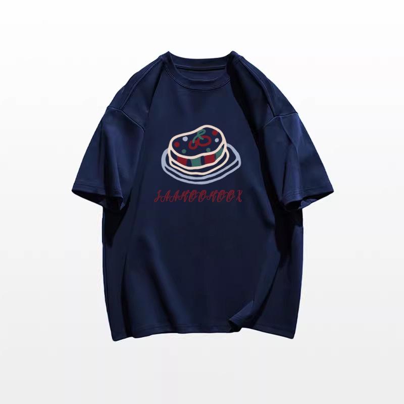 

Женская футболка из чистого хлопка с забавным принтом торта, 2025 - Летняя приталенная свободная посадка. XL темно-синий