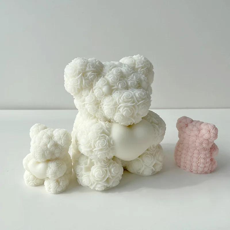 Top Quality Day Love Rose Bear 3D Candle Silicone Mold DIY Bears Handmade Soap Plaster Aroma Candle Mold Home Decor Crafts