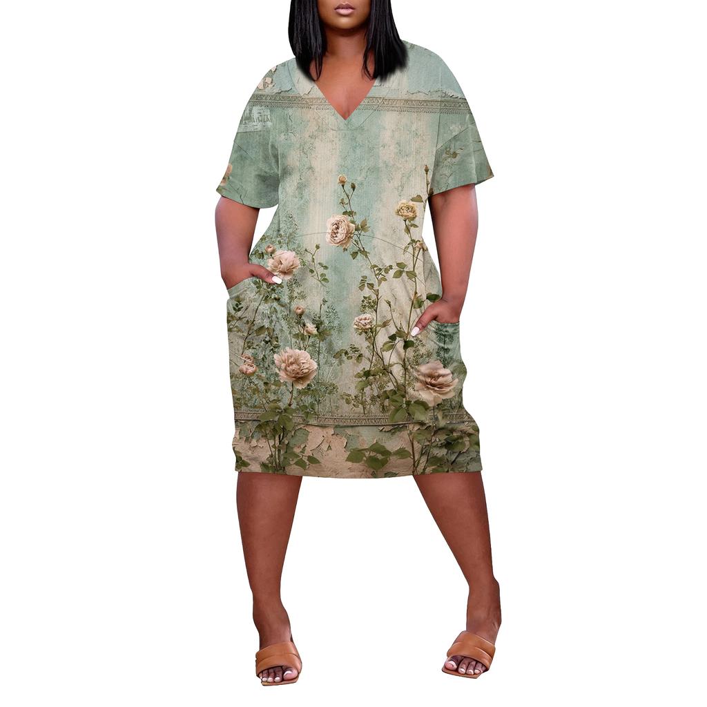 Summer Plus Size V Neck Short Sleeve Knee Pocket Print Casual Dress For Women