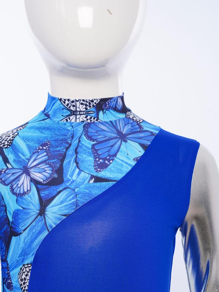 Dziewczęca liturgiczna sukienka do tańca pochwalnego z imitacją golfu, długim rękawem, stylowym nadrukiem, metalicznym color blockiem, o nieregularnym kroju