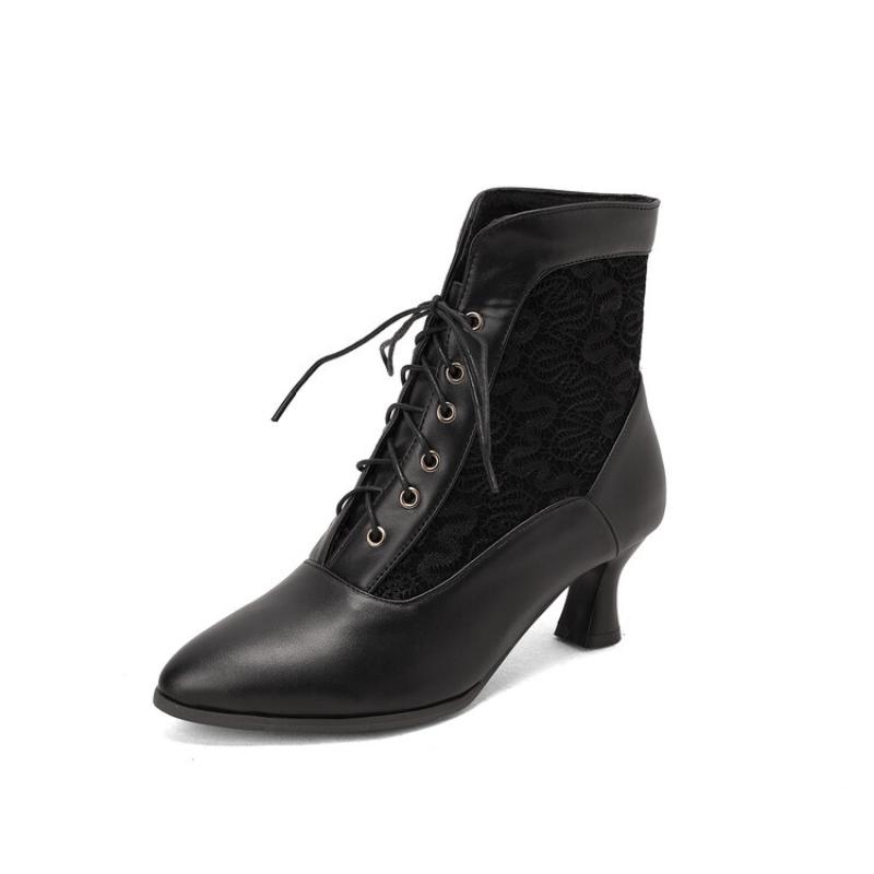 Women Victorian Pointed Toe Ankle Boot Fashion Pu Leather Lace Up Spliced Ladies High Heel Shoe Women Short Boot Plus Size Botas
