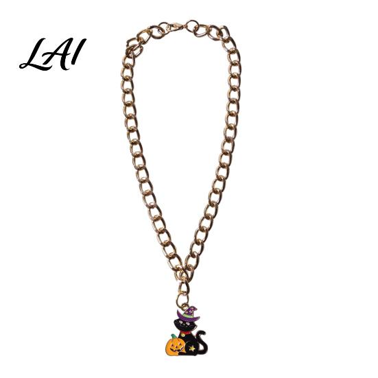 Halloween Themed Pet Accessories Chain Collar Metal Cat Collar with Witch Ghost Strong Necklace Pendant Festive Pumpkin Skull Charm for Cats